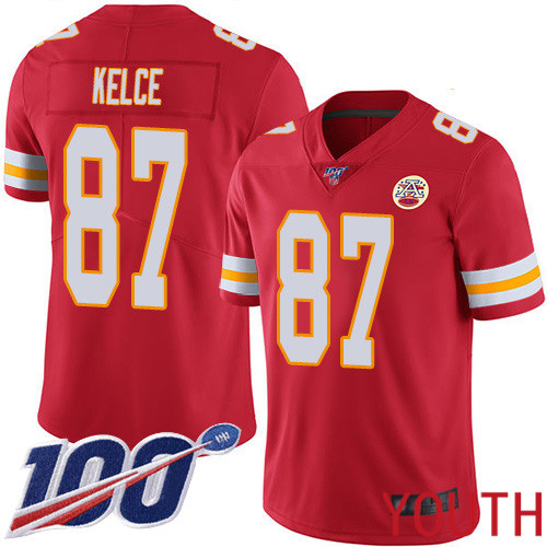 Youth Kansas City Chiefs #87 Kelce Travis Red Team Color Vapor Untouchable Limited Player 100th Season Football Nike NFL Jersey